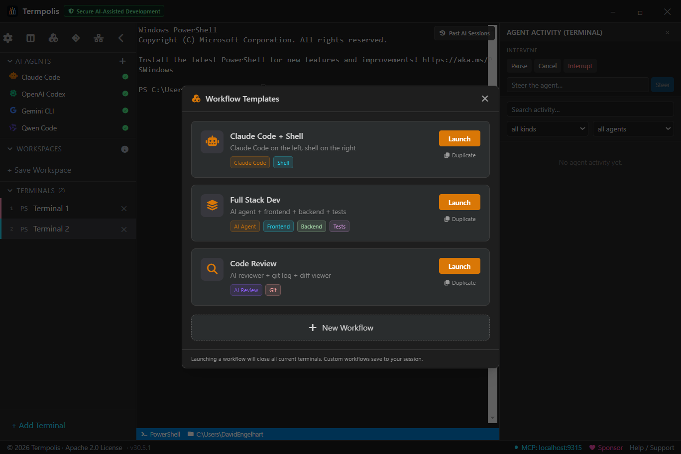Activity feed (Ctrl+Shift+A) — every tool call from every active agent in one streaming timeline.