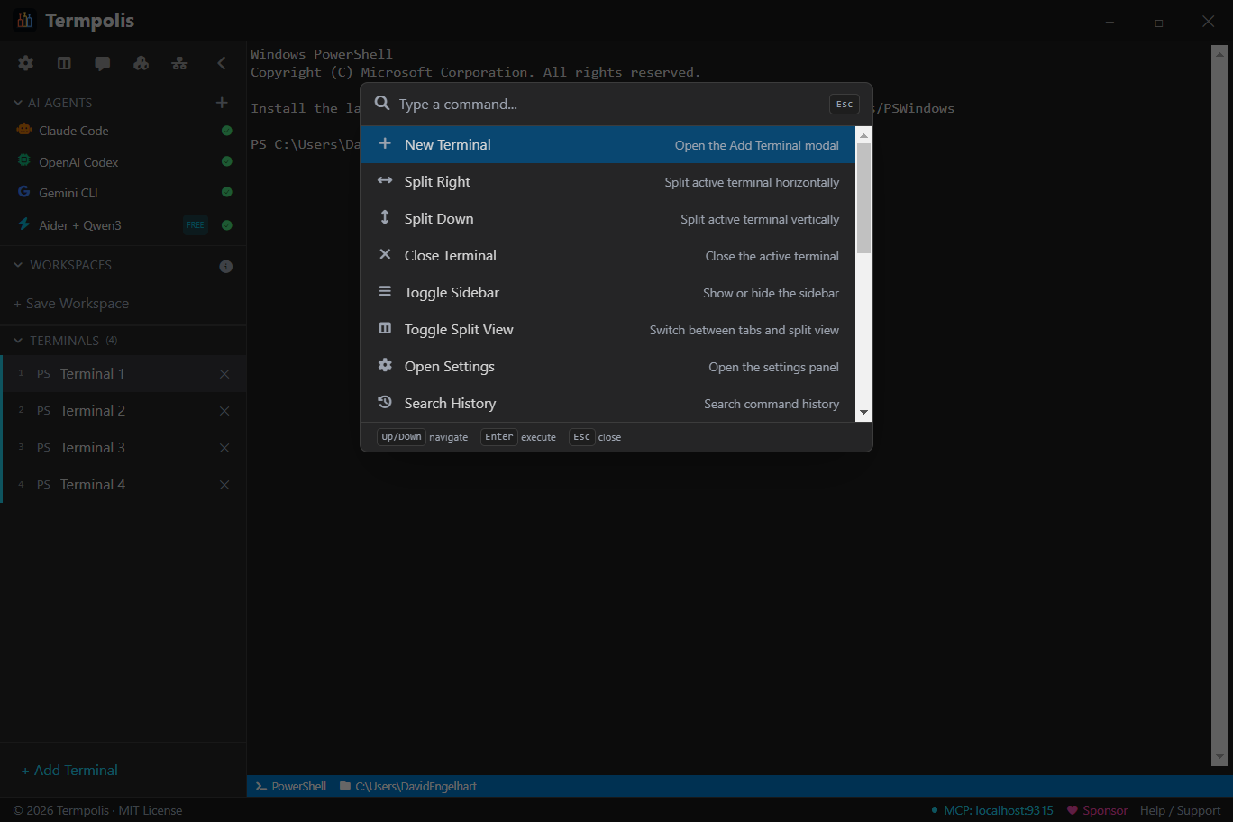 Termpolis command palette with natural language commands.