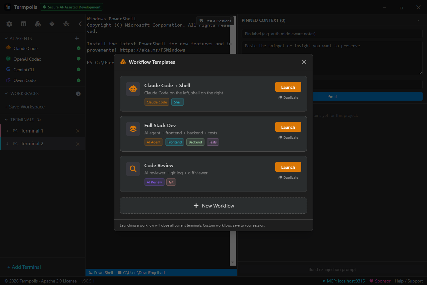 Context pins panel (Ctrl+Shift+B) — keep the prompts and snippets you actually need on every model.