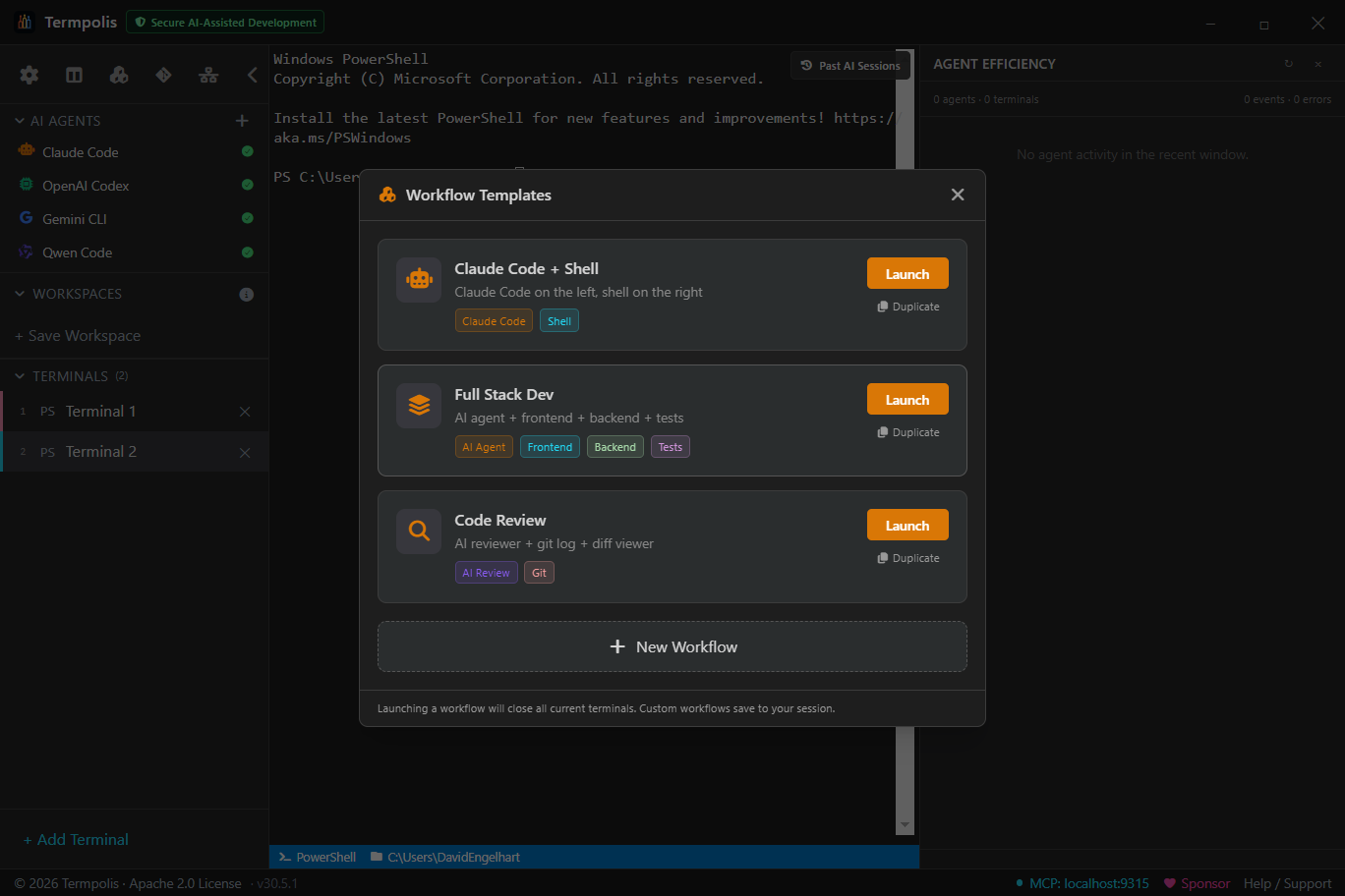 Efficiency panel (Ctrl+Shift+Y) — rolling token-cost-per-task averages and which agent is best at what.
