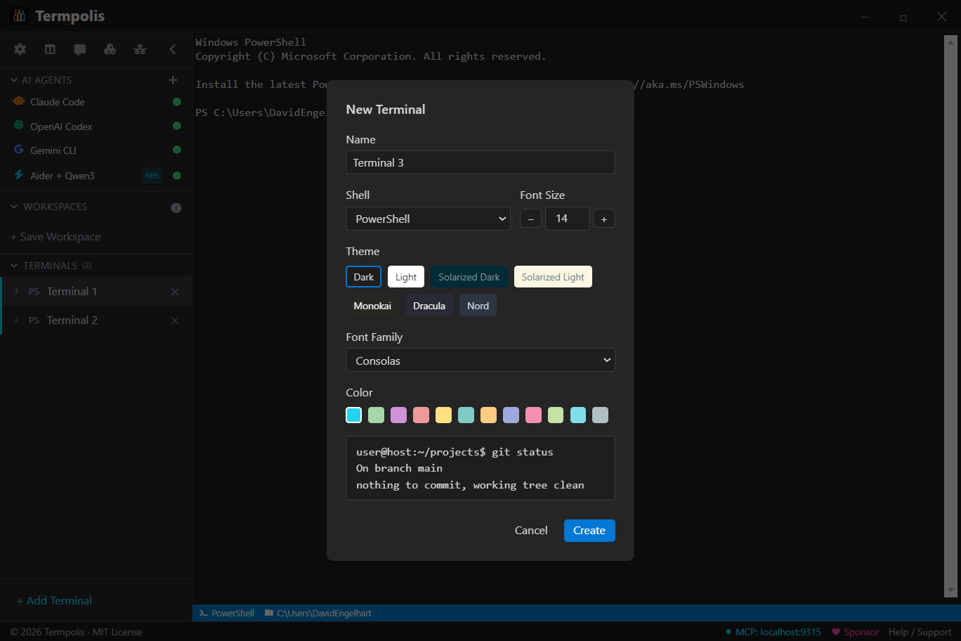 Termpolis new terminal modal with themes, font size, and preview.
