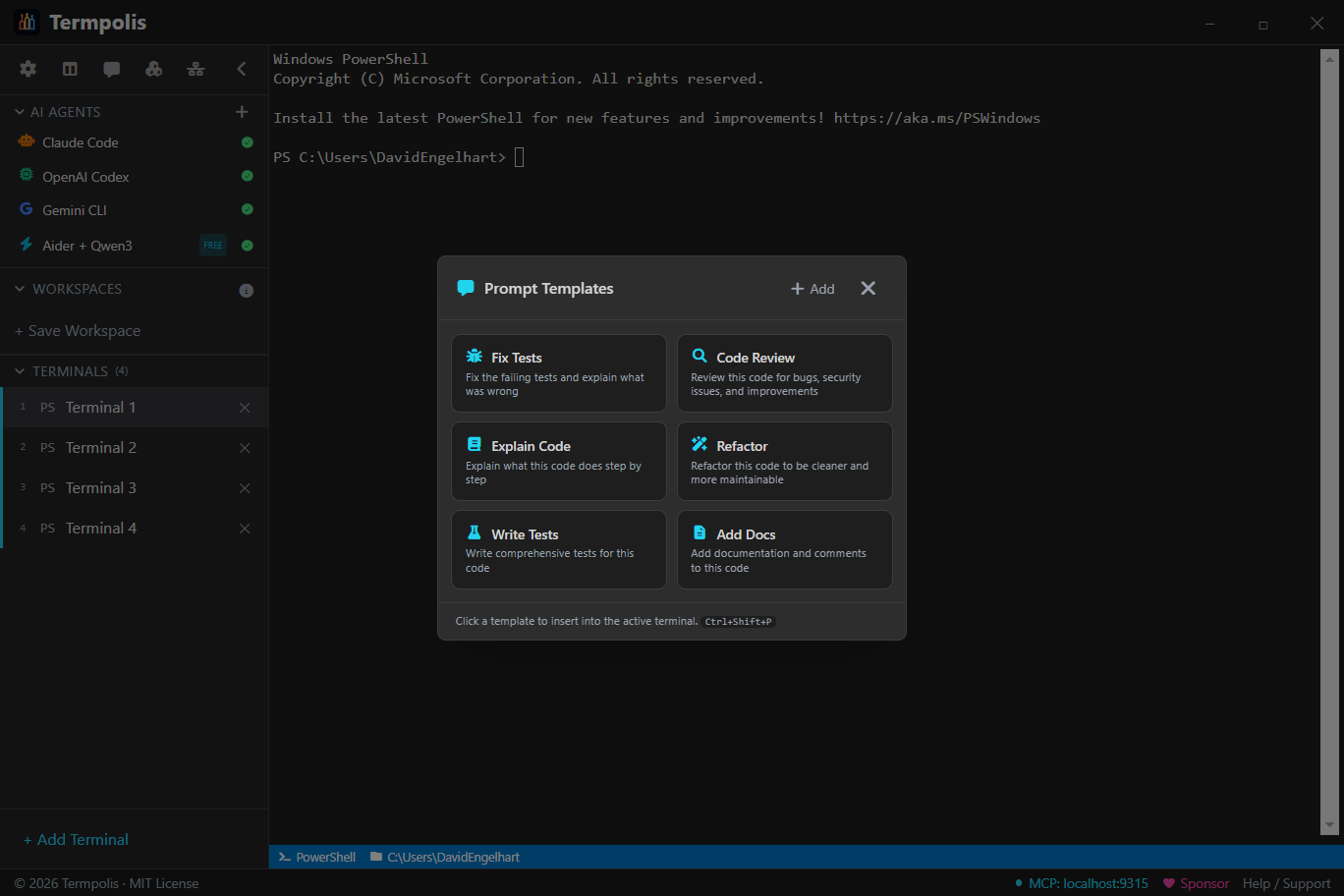 Termpolis prompt templates panel.