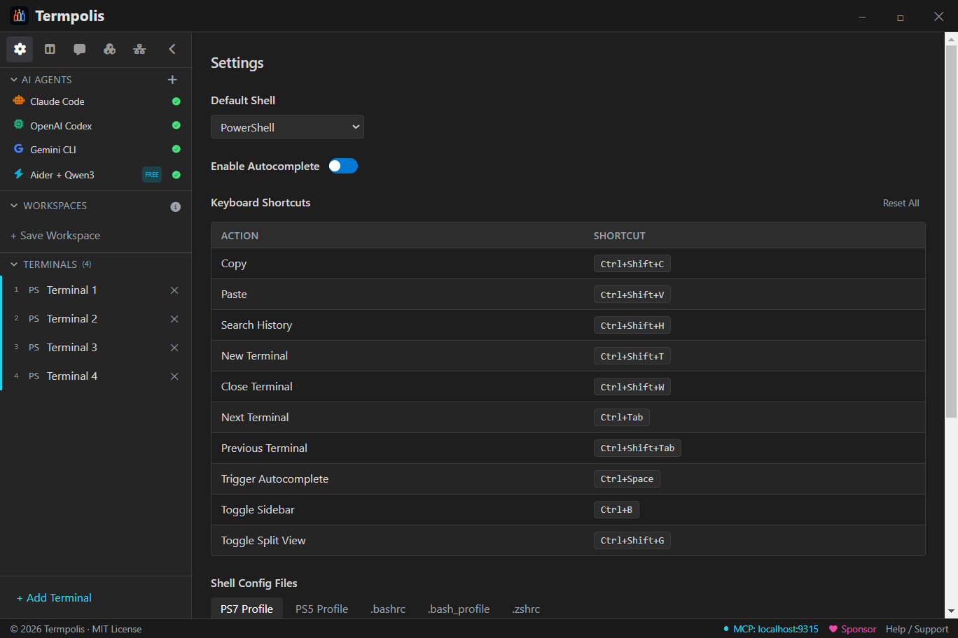 Termpolis settings with keybindings.