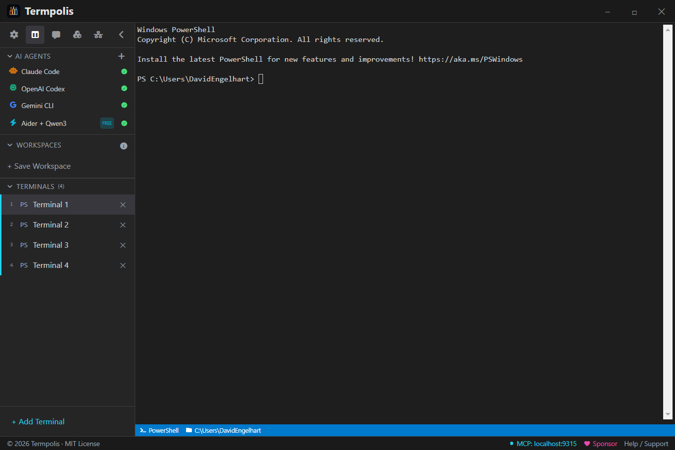 Termpolis split view with Git Bash and PowerShell side by side.