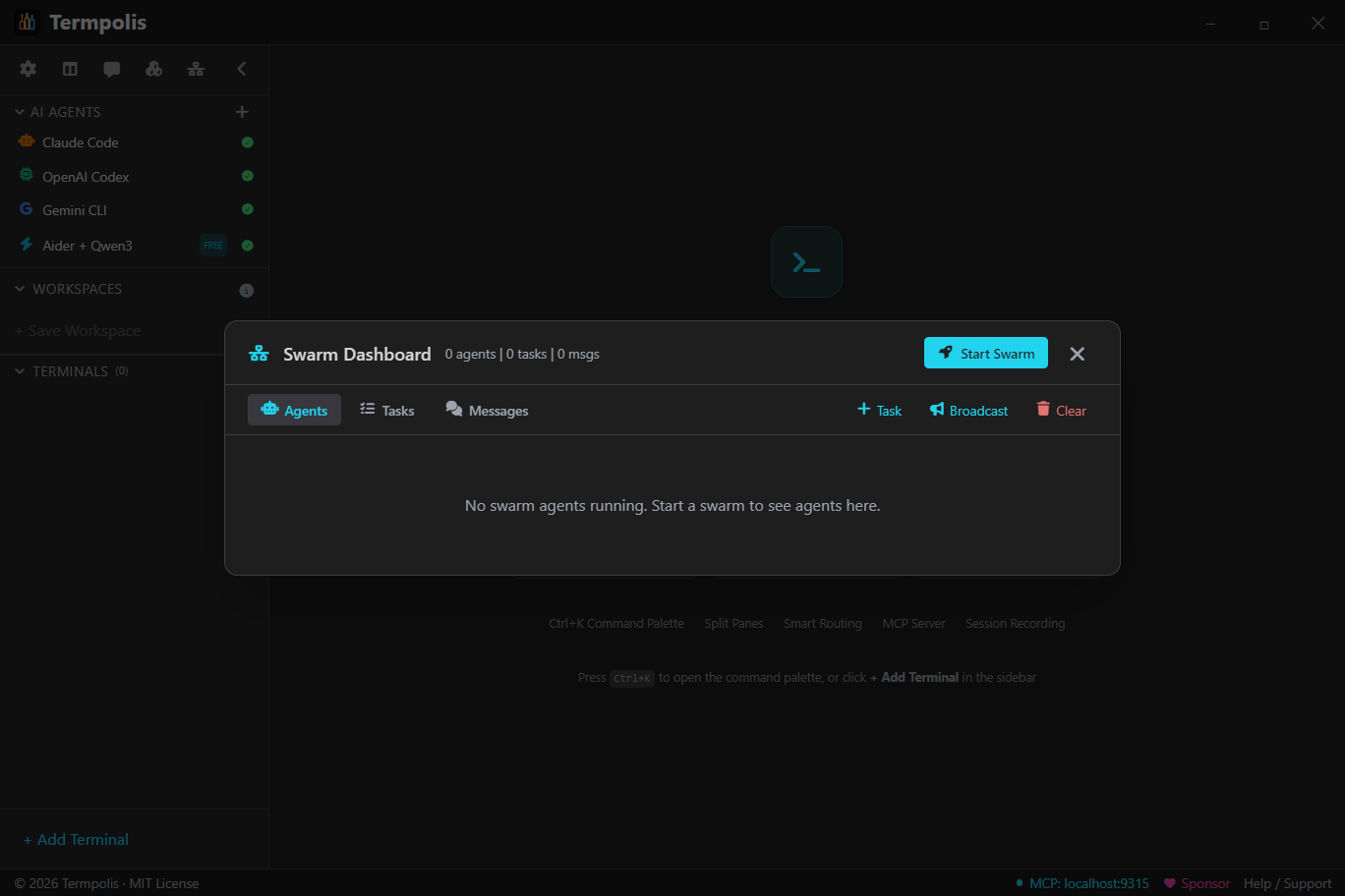 Termpolis swarm dashboard with agents, tasks, and messages tabs.