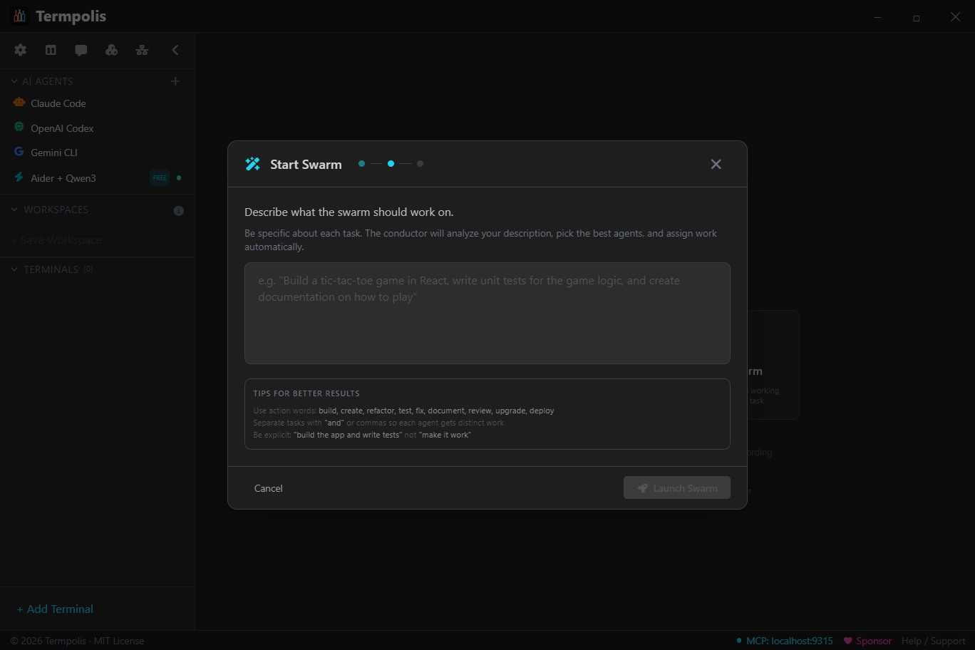 Termpolis swarm wizard task description with prompt contract.