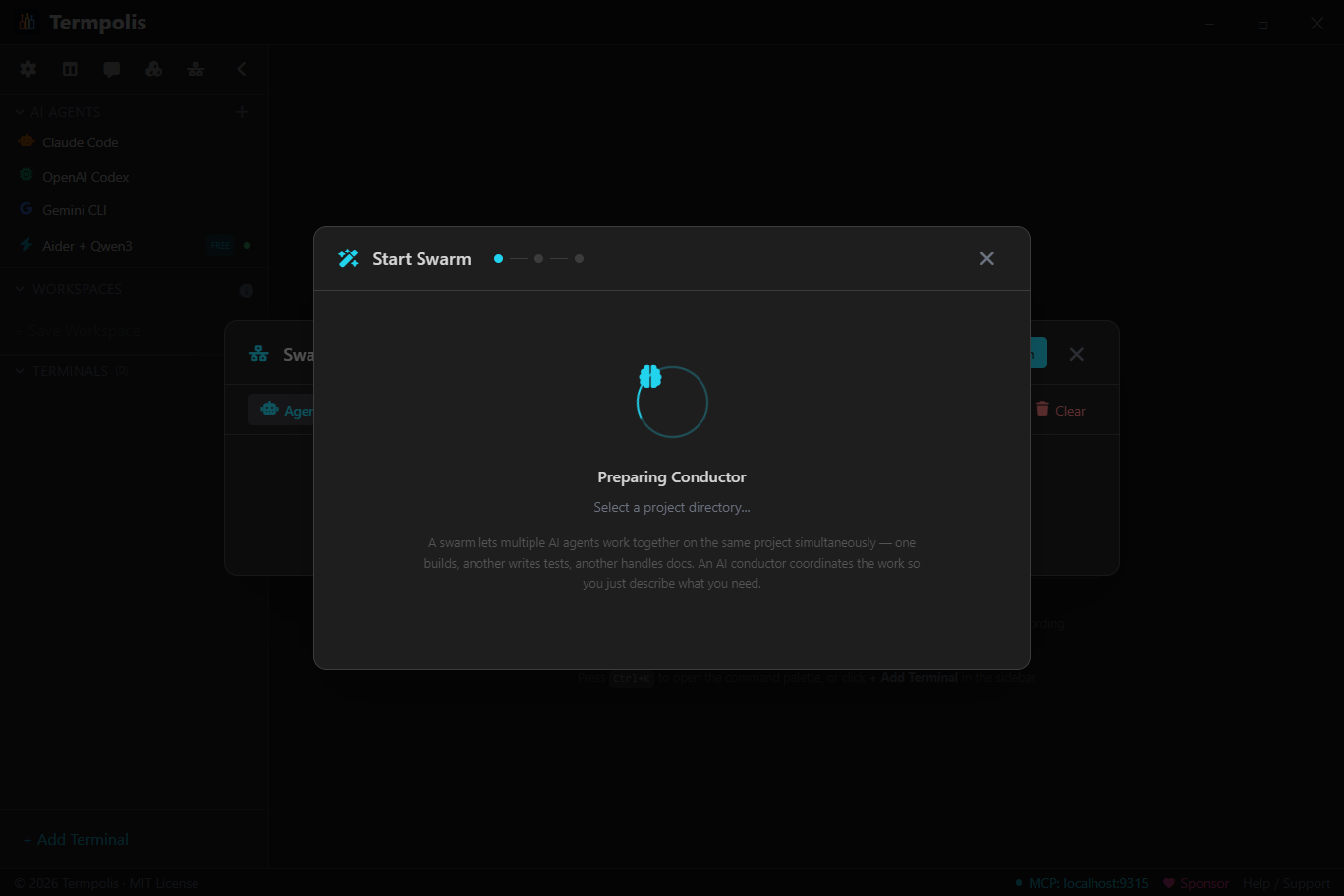 Termpolis swarm wizard preparing the AI conductor.