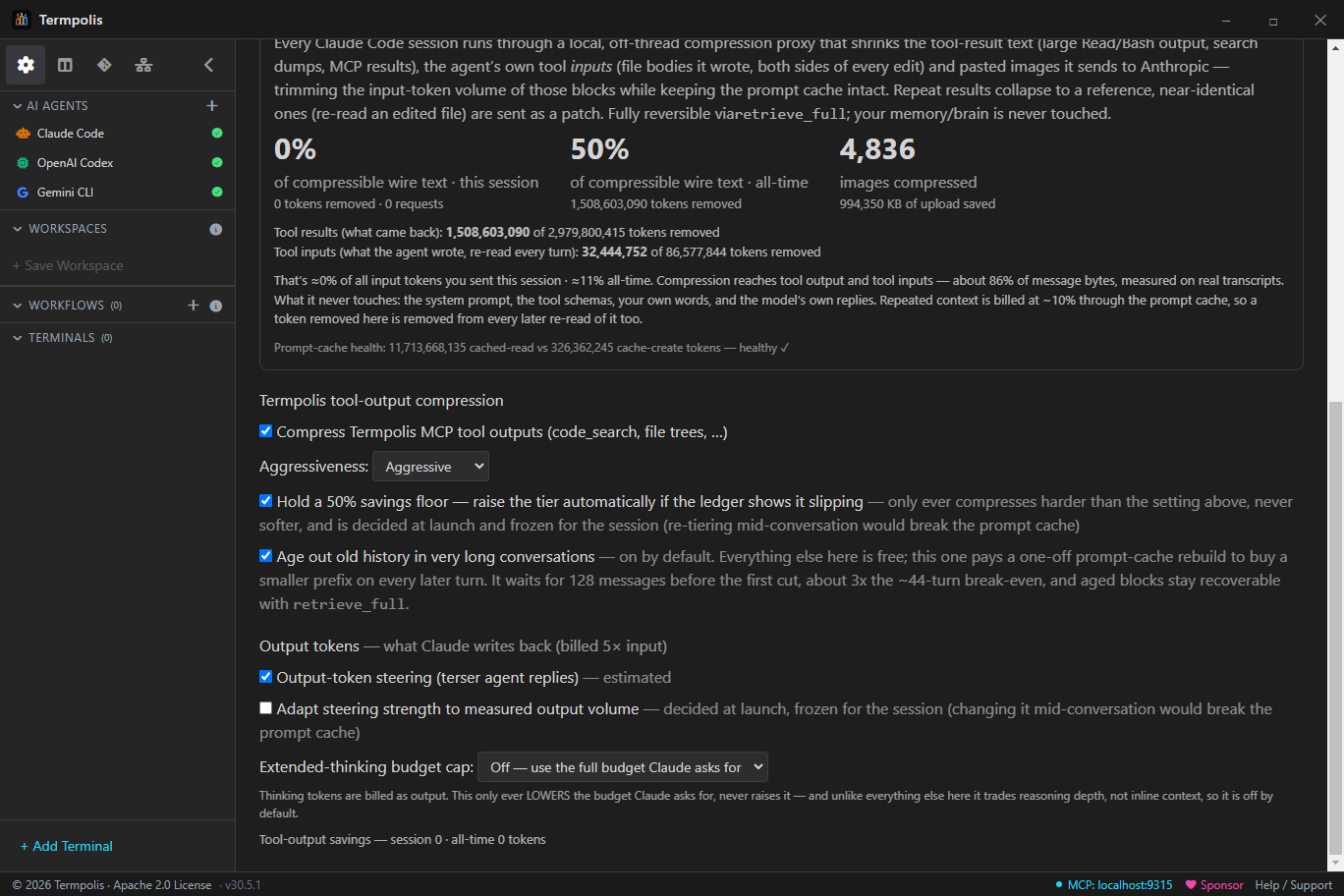 The always-on Claude Code compression card with prompt-cache health, above the Token Headroom controls: aggressiveness tier, 50% savings floor, history age-out, output steering and thinking-budget cap.