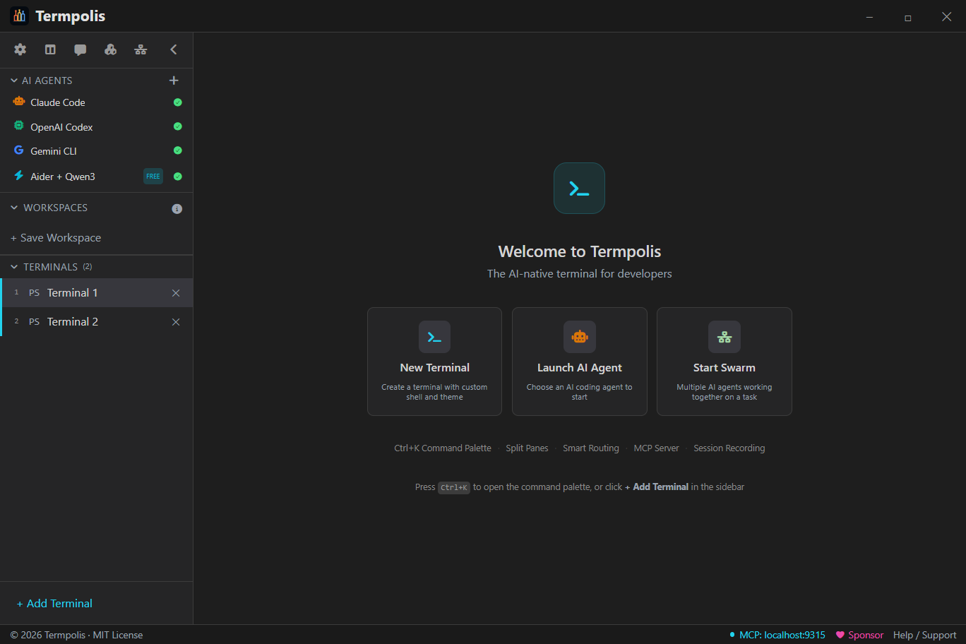 Termpolis welcome screen with AI agents and swarm.
