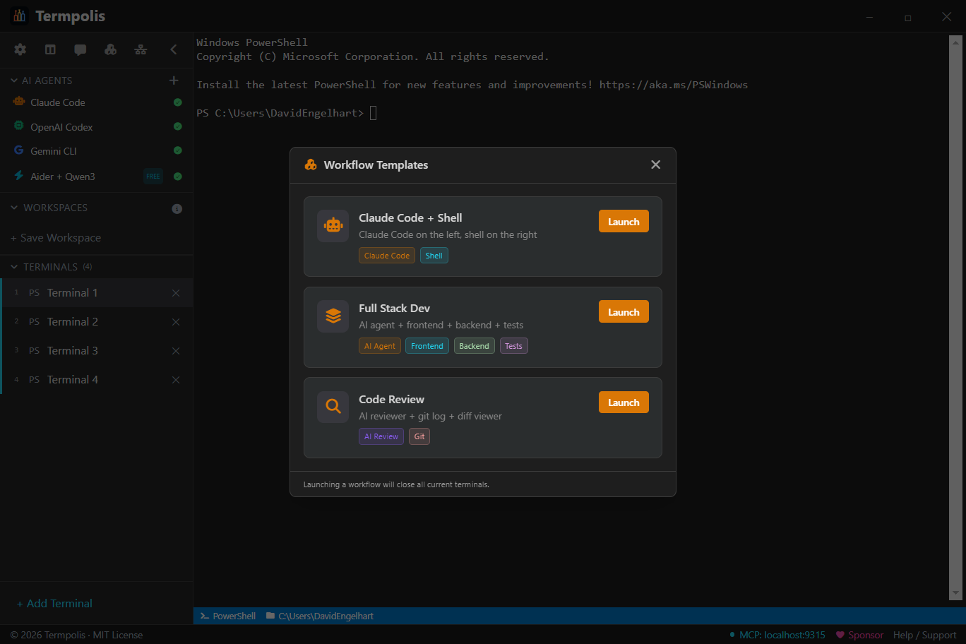 Termpolis workflow templates for multi-agent setups.