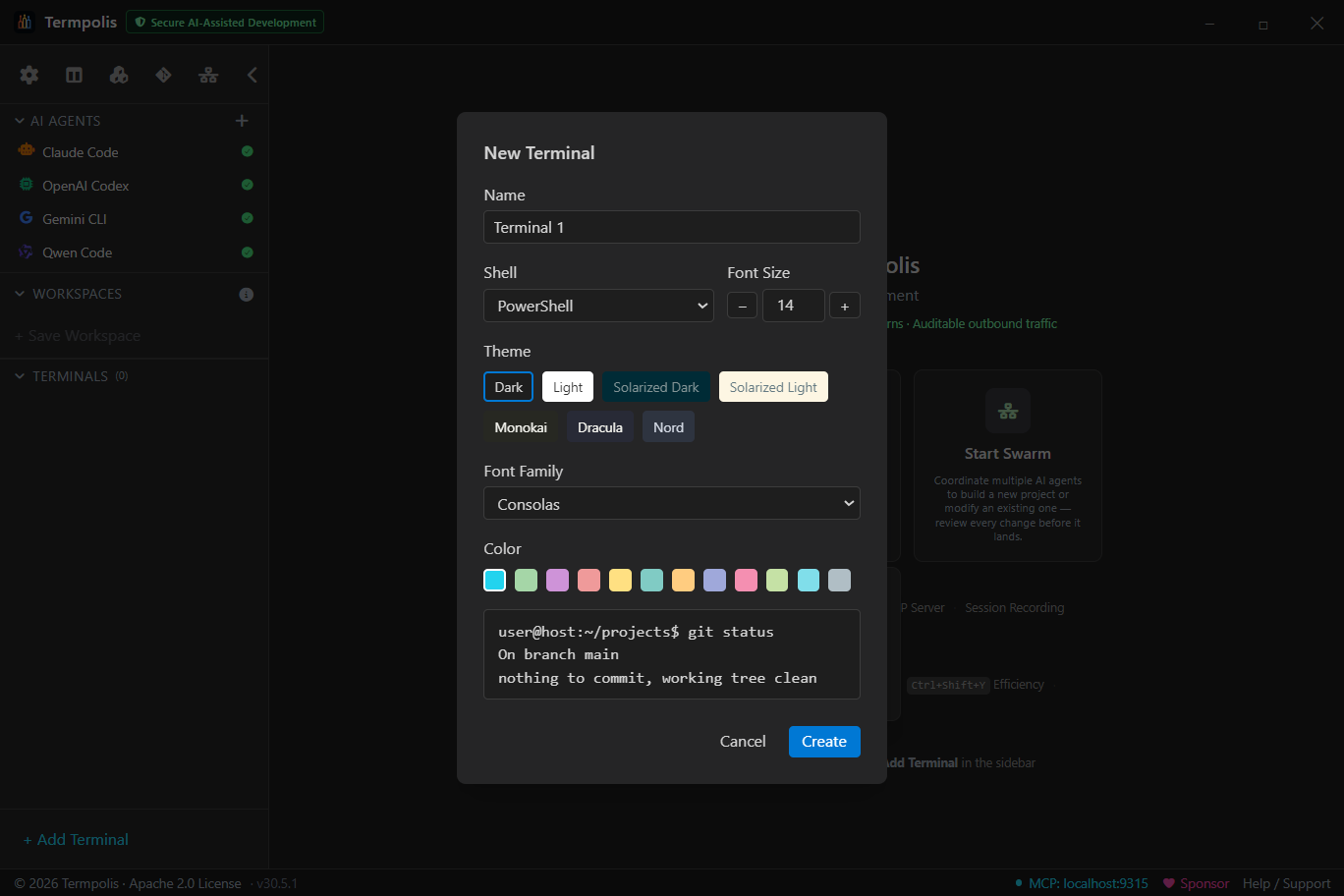 New terminal modal with shell + agent options.