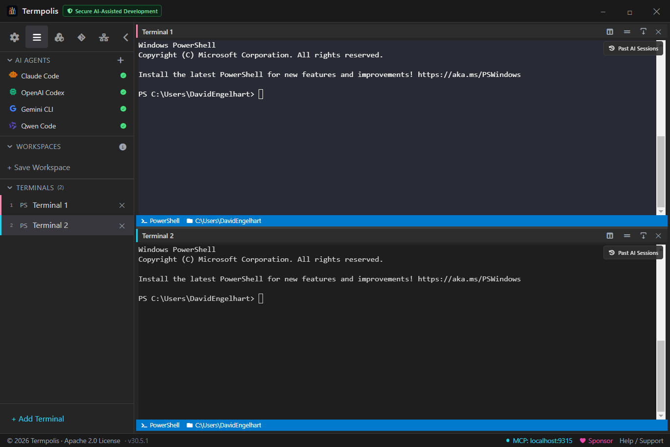 Split view with two terminals side by side.