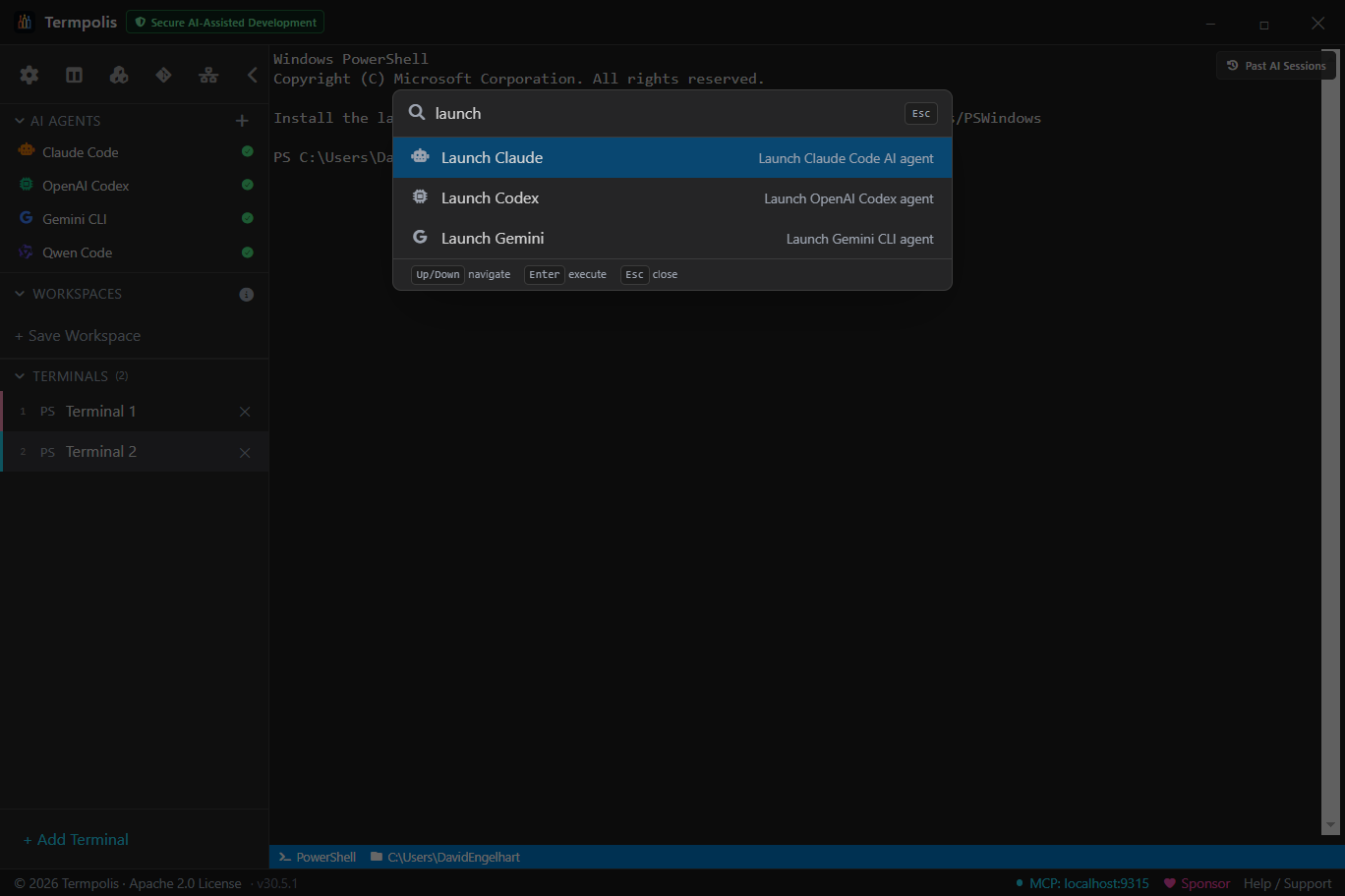 Command palette filtered by 'launch'.