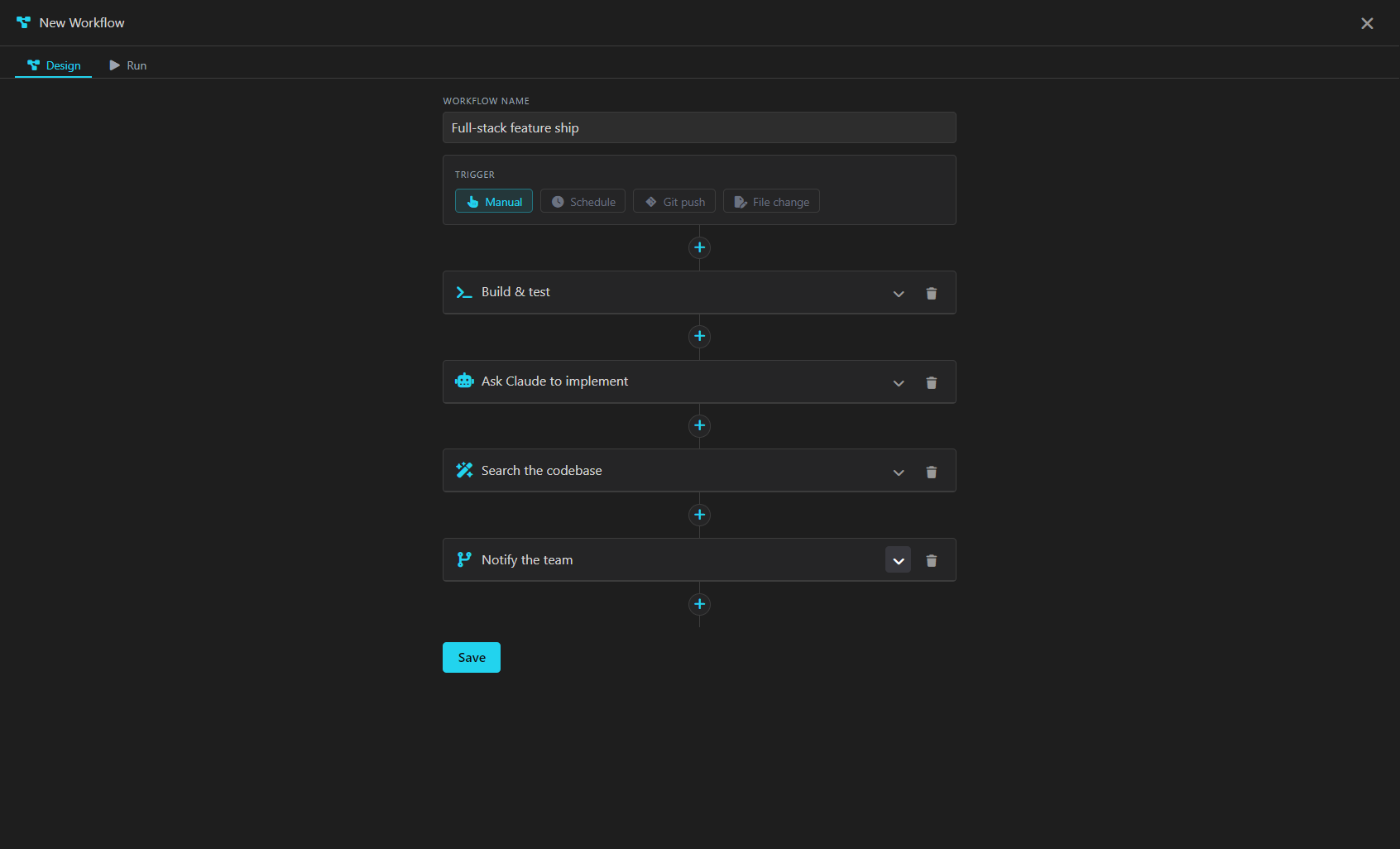 Workflow Orchestrator designer with Command, Agent, Skill, and Control steps.