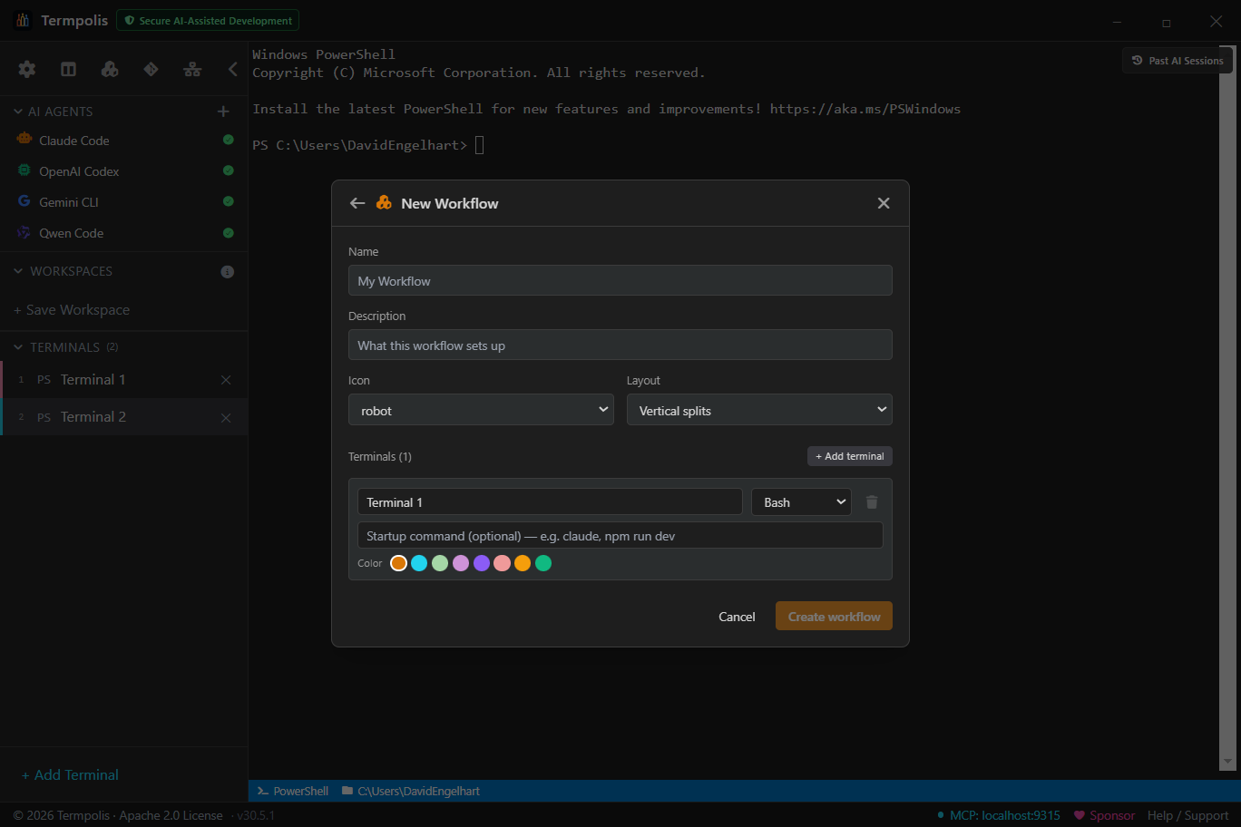 New Workflow creation form with name, description, icon, layout, and terminal configuration fields.