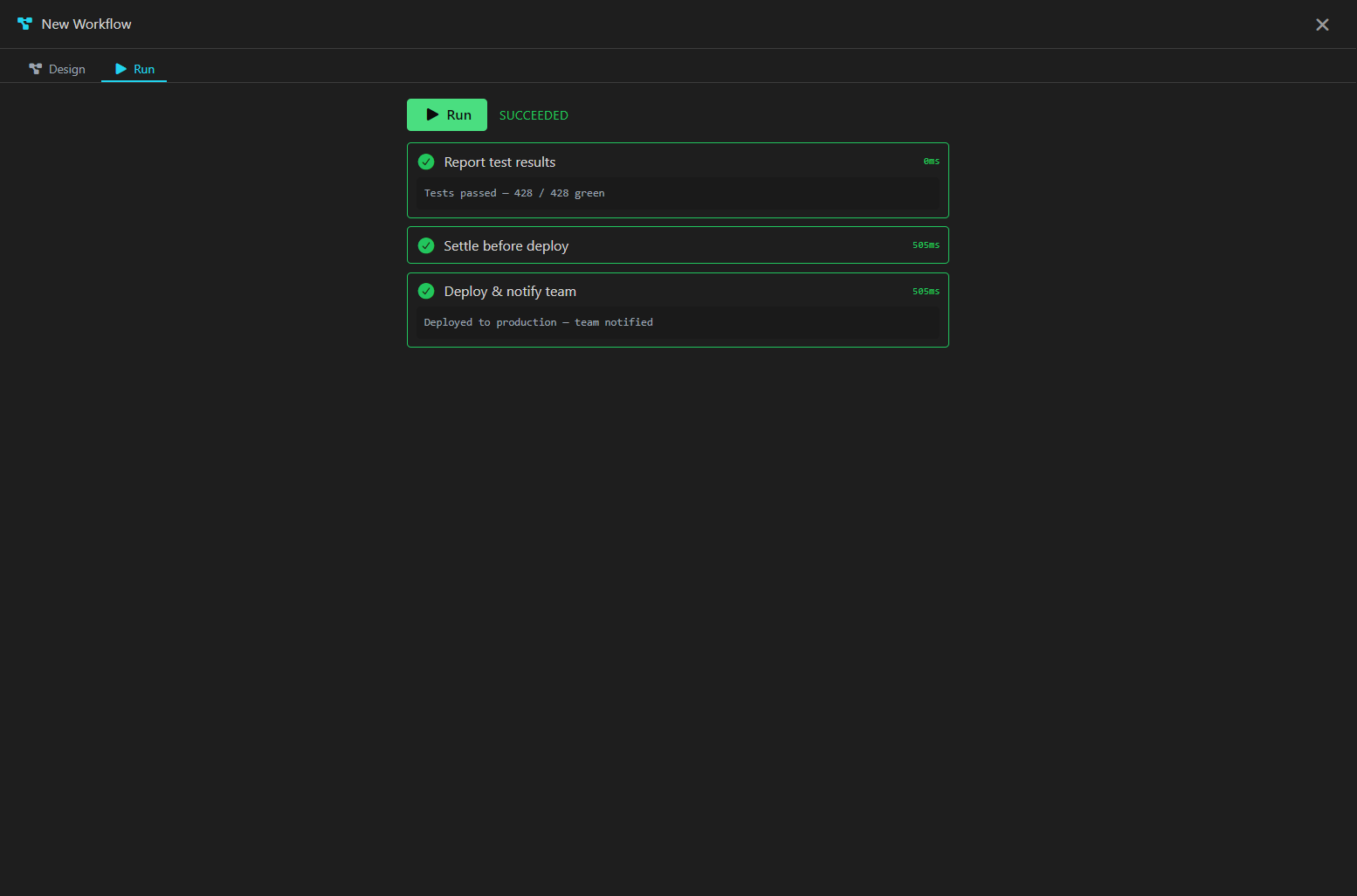 Workflow Orchestrator run view: a live timeline of steps going green with elapsed times.