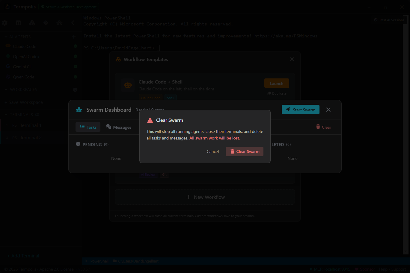Clear Swarm confirmation dialog.
