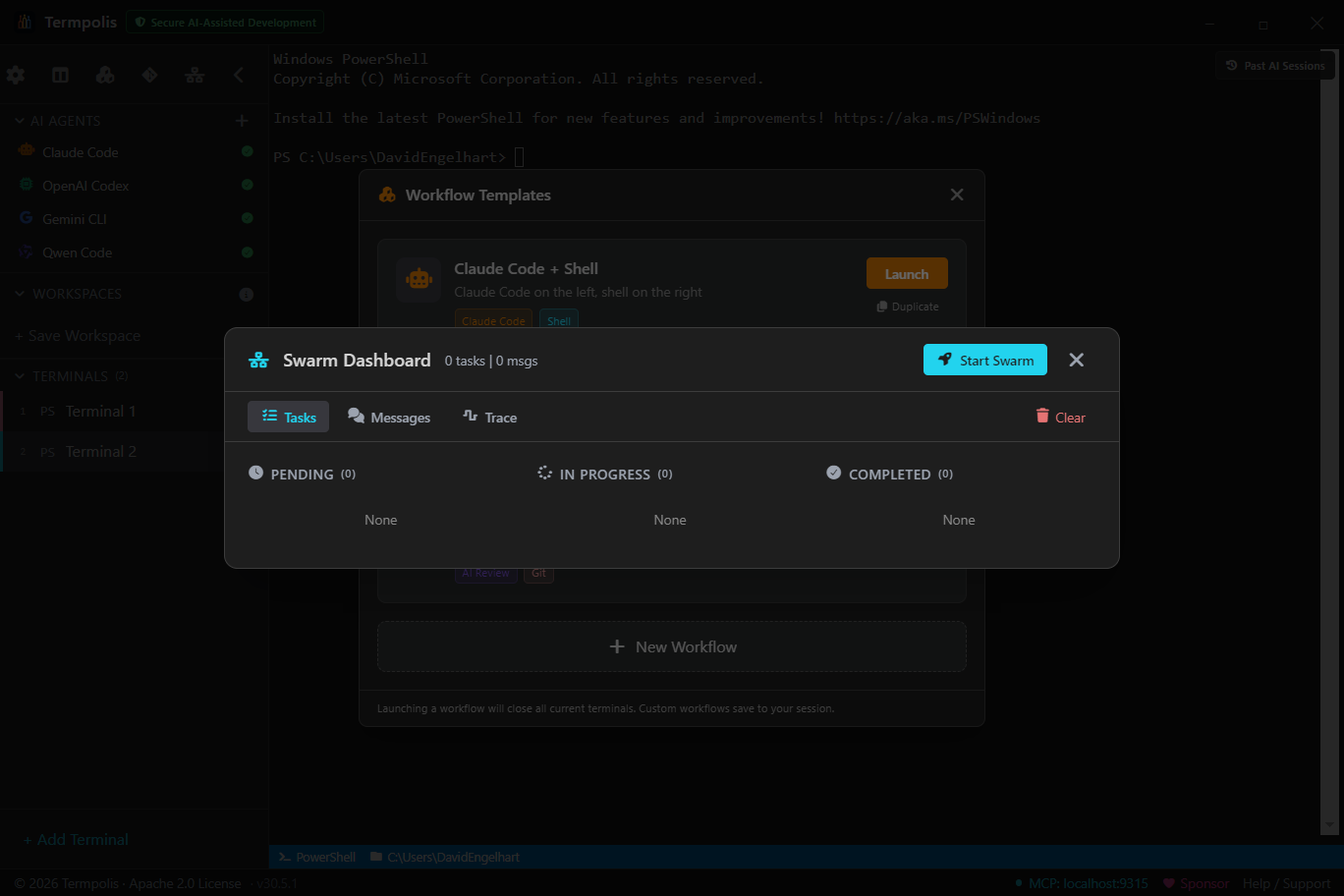 Swarm tasks tab, the default dashboard view.